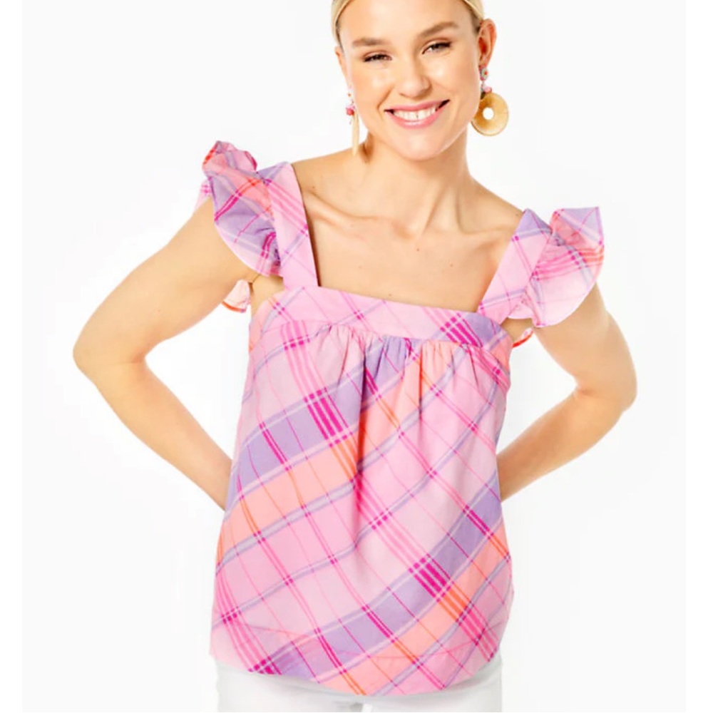Lilly Pulitzer Reyna Top - Pink Isle Madras Plaid size Medium $98